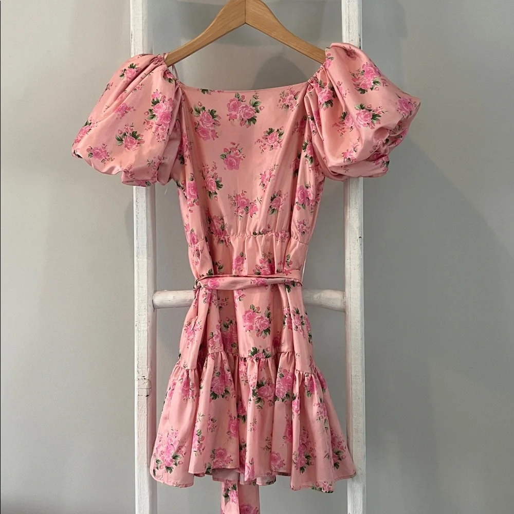 LoveShackFancy Cecile Pink Floral silky belted puff sleeve Mini Dress size 0 - Picture 9 of 10